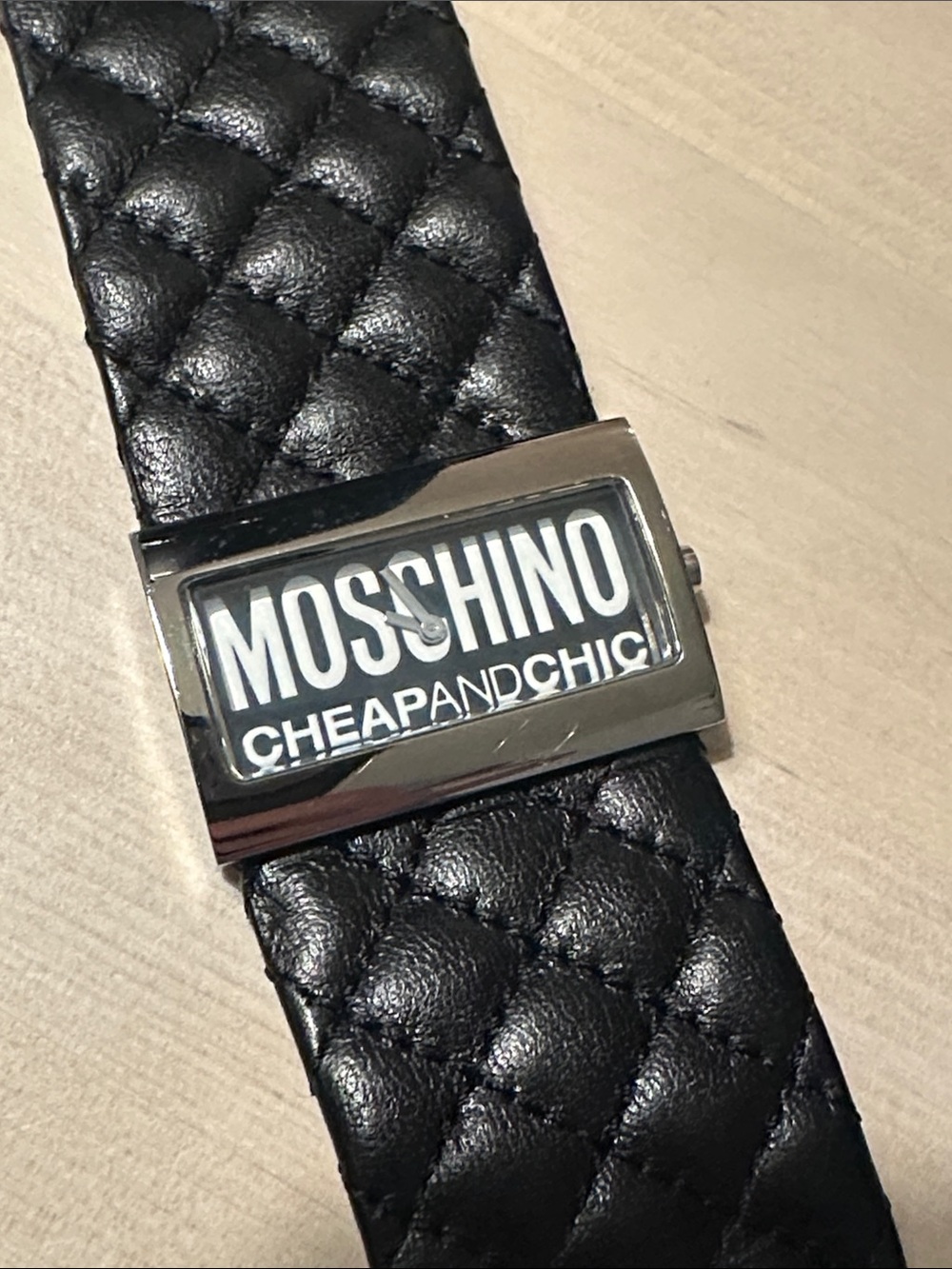 Moschino Black Quilted Leather Watch with Logo Plaque